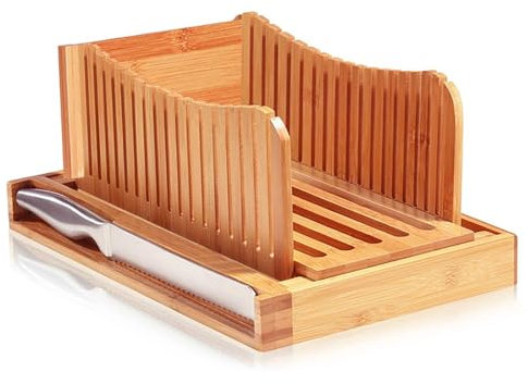 Foldable Bread Slicer with Crumb Tray and Stainless Steel Knife for Perfect Homemade Bread, Cake, and Bagels