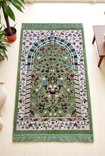ihvan online Velours Muslimischer Gebetsteppich, Dicke Janamaz, Sajadah, Weicher Islamischer Gebetsteppich, Islamische Geschenk-Gebetsmatte, Elegantes Design, Rawdah Grün