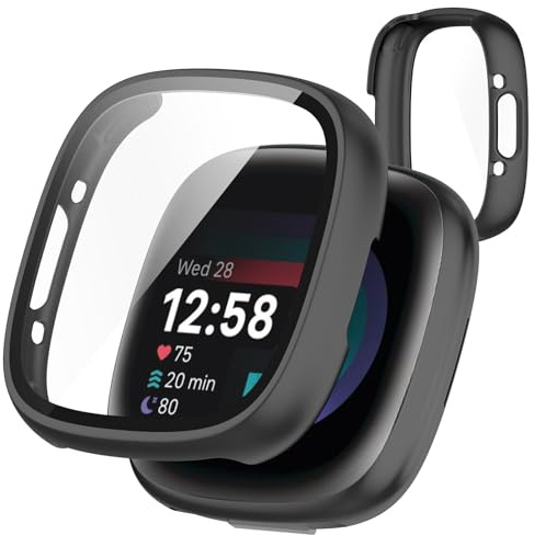 TOORQR Hülle Kompatibel mit Fitbit Sense 2 / Fitbit Versa 4 Schutzhülle Vollständige Abdeckung Schutzfolie,Ultradünne HD Hartglas Glas,Integriertes PC + Glasmaterial,Kratzfest (Schwarz)