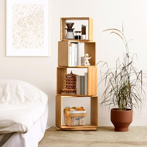 Drehbares Bambus-Würfel-Bücherregal | Freistehendes modernes Display-Speicher-Organisator-Bücherregal-Turm | Eck-Bücherregal & Beistelltisch für Wohnzimmer, Schlafzimmer, Heimbüro (Groß, Etagen, 4)