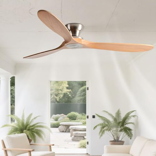 42in Flush Mount Ceiling Fans, Solid Wood Blades, Remote, 6-Speed, No Light | Brushed nickel metal body with solid wood blades; 220–240V, 50Hz, modern ceiling fan for bedroom living room dining room