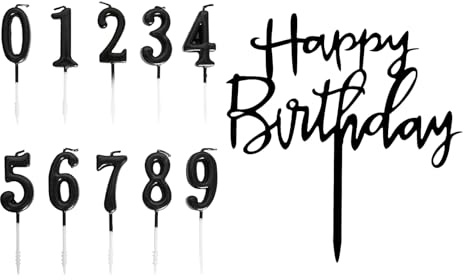 Rieoany Birthday Candle Set Black Cake Number Candles 0-9 with Happy Birthday Decoration
