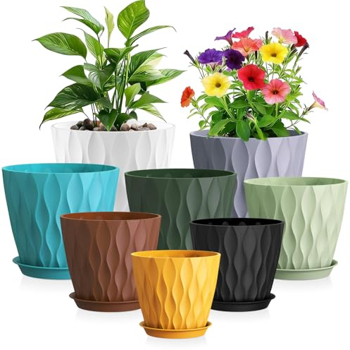 WSMKSZ 8er Set Blumentopf mit Untersetzer, 10 bis 20 cm Pflanztöpfe Innen | Kunststoff Blumentöpfe Set mit Mehrere Ablauflöcher, Moderne 3D-Wellenstruktur, Übertopf Außen für Balkongärten, Bunt