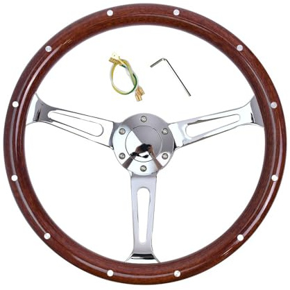TIYPEOR Klassisches Holzlenkrad, 15 Zoll (380 mm), universell, für Autos, Retro-Stil, mit 6 Hupenknöpfen und verchromten 3 Speichen, für Oldtimer-Tuning, Sim-Driving, Motorsport und JDM