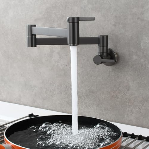 TYMYW Pot Filler Tap Kitchen Wall Folding Tap Cold Water Only Brass Grey | 360° Swivel Foldable Double Swing Arm,Double Handle Single Hole