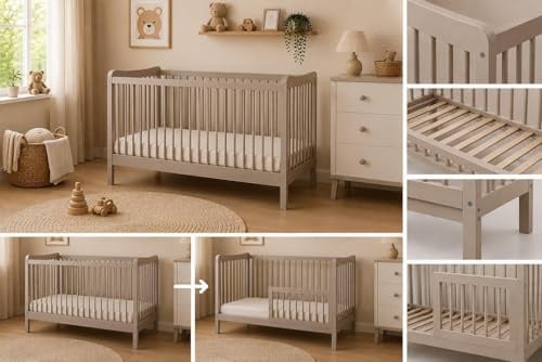 Baby Happy Bliss Kinderbett Sasha 120x60 cm aus Buchenholz, umbaubar zum Juniorbett mit Rausfallschutz, EN 716 geprüft, 3-Fach höhenverstellbar (Taupe)