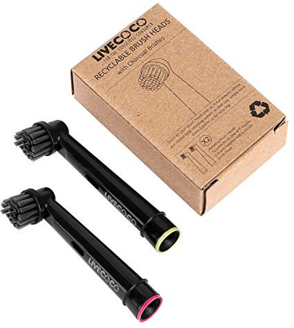 Recyclable Oral-B Compatible Toothbrush Heads, Eco-Friendly & Sustainable, Charcoal Infused Bristles from LiveCoco, Best for Teeth Whitening with Activated Charcoal Powder