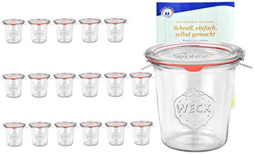 MamboCat 18er Set Weck Gläser 580ml 1/2 Liter Sturzgläser mit 18 Glasdeckeln, 18 Einkochringen und 36 Klammern inkl. Diamant-Zucker Gelierzauber Rezeptheft I Original Weck Sturzgläser