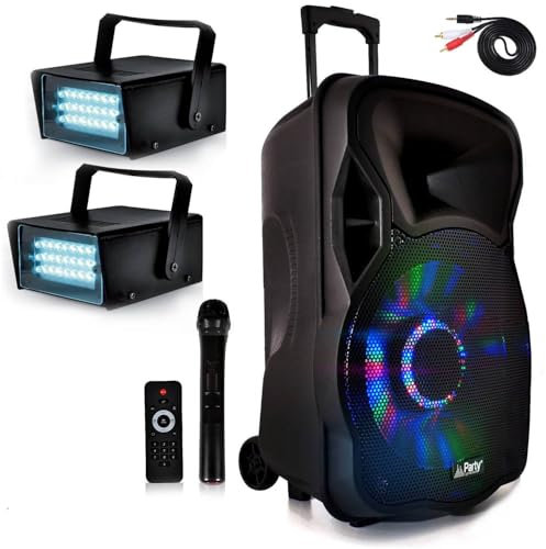 Enceinte PARTY12-LED 700W 12 à LEDs RVB Mobile Batterie DJ PA USB/BT/SD/FM CABLE PC + 2 Flash Strobes
