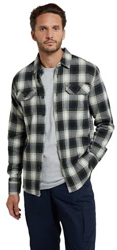 Mountain Warehouse Trace Mens Flannel Long Sleeve Shirt - Lightweight & Breathable Casual Checks Shirt in 100% Cotton with Buttoned Front Pockets - for Travel & Walking Dark Green XS
