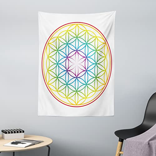 ABAKUHAUS Platz Wandteppich, Leuchtende Blume des Lebens aus Weiches Mikrofaser Stoff Waschbar ohne Verblassen Digitaldruck, 110 x 150 cm, Gelb Blau