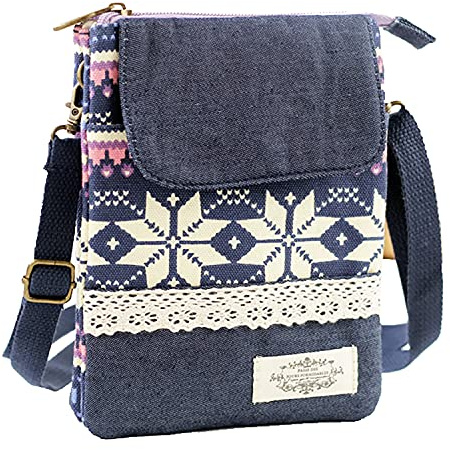 Kleine Stoff-Umhängetasche Schultertasche Kosmetiktasche Handytasche für Damen Jugendliche Baumwolle Boho Chic Style Indio Ethno Patchwork Look mit Spitze (Lila Zipper)