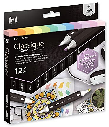 Crafter's Companion Spectrum Noir Classique Blend Twin Tip Blendable Alcohol Based Marker Set with Japanese Nibs - Pack of 12 - Perfect for Colouring, Drawing & Illustration (Pastel Pack)