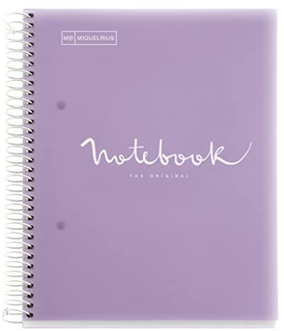 Miquelrius - Notizbuch A5 Notebook Emotions, 120 Blatt 90 g/m², Horizontale Streifen 7 mm, 5 Farbige Streifen, Mikroperforierte Spirale, Polypropyleneinband, Lavendel