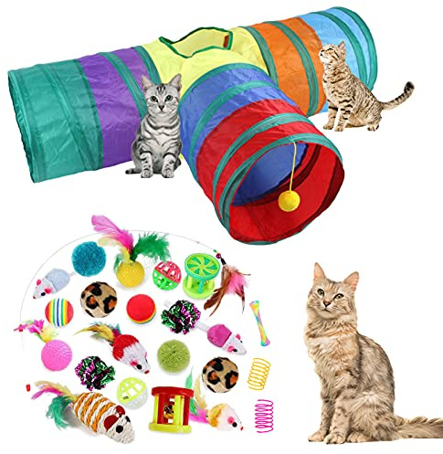 32Pcs Cat Toys Kitten Interactive Pet Toys Assortments, Foldable Rainbow Tunnel, Teaser Wand Fluffy Mouse Crinkle Balls Bell Play for Puppy Kitty (3 way)