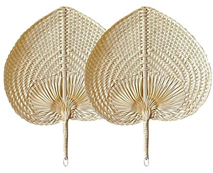 Anwangda 2pcs Hand-Woven Heart-Shaped Bamboo Fan, Natural, Small, Beige, 3 Speeds, Manual Operation, Wall Mount, Kitchen, Summer, Wedding