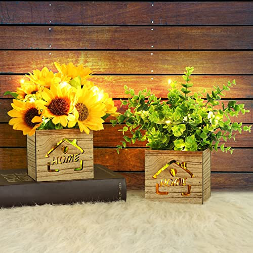 AceList 2 Pcs Fake Plants Indoor with LED Light Eucalyptus & Sunflower in Wooden Box, Decorative Artificial Plant Indoor in Pots, Artificial Flower in Vase, Silk Fake Flower for Home & Room Decoration