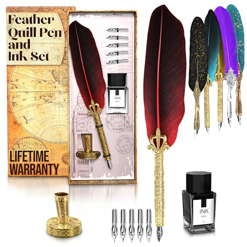 Red Feather Quill Pen and Ink Set - 11.4 Antique Feather Pen and Ink Set with Stainless Steel Nib for Calligraphy Practice, Drawing & Signatures - Designed for Beginners and Calligraphy Enthusiasts