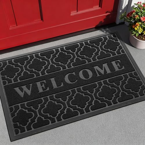 Yimobra Welcome Felpudo para puerta de entrada delantera, resistente al aire libre, interior, entrada, respaldo de goma antideslizante, rascador de zapatos fácil de limpiar, impermeable, patio,