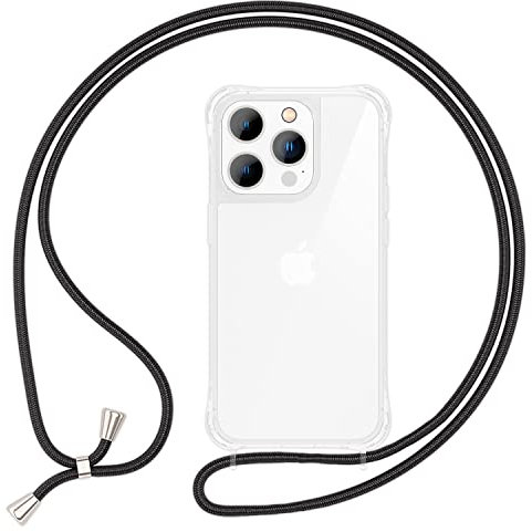 NALIA Handyhülle mit Kette kompatibel mit iPhone 14 Pro Max Hülle, Transparente Schutzhülle & Handy-Schnur zum Umhängen, Robust Vergilbungsfrei Klar, Hardcase & Silikon Rahmen, Farbe:Schwarz