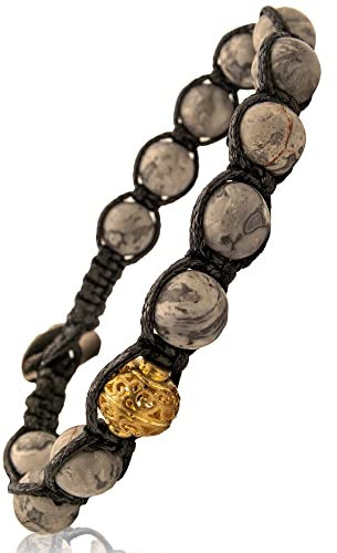 Samsara Tibetisches Buddhistisches Armband - Shamballa mit Fossilienachat-Stein - Gewachster Baumwollfaden Farbe Schwarz