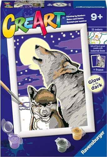 Ravensburger - CreArt E Serie: Wölfe, Malset nach Zahlen, enthält eine vorgedruckte Tabelle, einen Pinsel, Farben und Zubehör, kreatives Spiel für Jungen und Mädchen 7+ Jahre