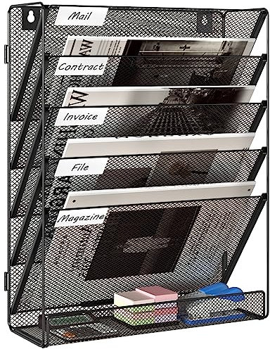EasyPAG 6 Tier Assemble A4 Mesh in Tray Hanging Wall File Holder Mail Organiser Magazine Storage Rack,Black