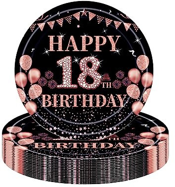 16Pcs Black Rose Gold 18th Birthday Paper Plates 9,Birthday Tableware Party Plate Disposable,Happy 18th Birthday Table Decorations Plates Birthday Gifts for Girls,Her 18th Birthday Party Supplies