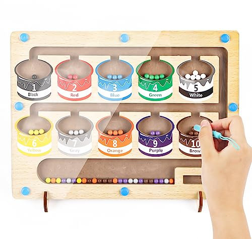 AKONE Magnetischer Stift Perlenlabyrinth aus Holz, Magnetspiel Zählen Farbe Sortieren Spielzeug, Montessori Spielzeug ab 3 Jahre, Pädagogisches Rechenspielzeug für Kinder Geschenk Mädchen Junge