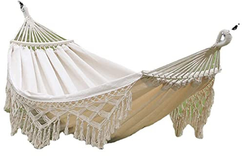 Portátil Hamaca para Acampar Borlas brasileñas con Flecos Ganchillo Algodón Lino Hamaca Doble para Exterior Jardín Interior Patio Porche Patio Incluye Bolsa de Transporte Playa Hammock