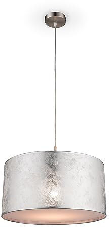 bmf-versand® Hängelampe Esstisch modern mit LED Leuchtmittel - Pendelleuchte Esstisch hängend silber - Lampe Wohnzimmer mit Textil Lampenschirm inkl. Pflegetuch - Deckenlampe Flur Rund 40 cm