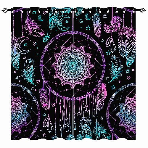 YUANZU Traum Catcher Vorhänge Tribal Boho Chic Federn Mond Ösen Gardinen mit Blickdichte Vorhang Kälteschutz Blackout Curtain Wohnzimmer Schlafzimmer Verdunkelung Fenster, 2 Stück, H 245 x B 200 cm