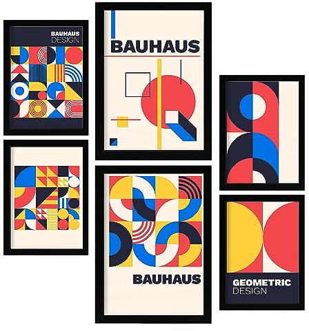 Nacnic Set von 6 Drucken im Bauhaus Stil 2 Geometrische Designkollektion Drucke mit Frames Ästhetische dekorative Rahmen für Ihr Wohnzimmer, Schlafzimmer, Zuhause Größen A4 und A3 mit schwarzen Rahmen