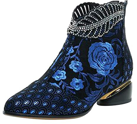 BIISDOST Stivali corti da donna ricamati alla caviglia, stivaletti patchwork, con chiusura lampo, per il tempo libero, da cowboy, Blu, 41 EU