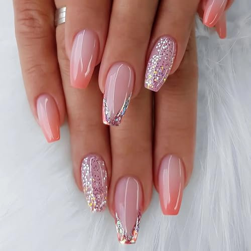 Ceboic 24Pcs French False Nails Coffin, Medium Press on Nails Acrylic Fake Nails in 12 Sizes, Glossy Artificial Stick on Nails with Glitter Sequins Designs for Women and Girls - Orange Gradient