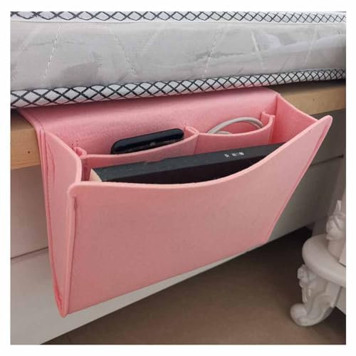 SHTGOI Betttasche Filz Nachttisch-Organizer Anti-Rutsch Bett Organizer zum Einhängen Sofa Aufbewahrungstasche mit 3 Taschen Nachttisch Tasche für Buch,Brille,Telefon,iPad,Fernbedienung Rosa