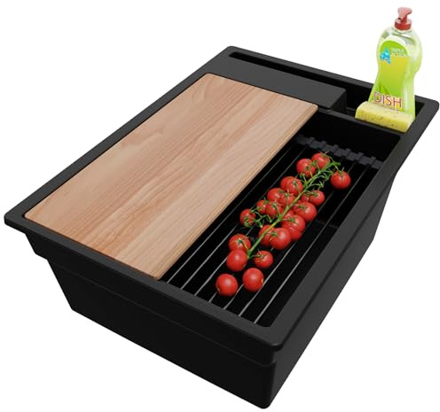 PRIMAGRAN Spülbecken ab 40er Unterschrank + Ablauf-Set, 38x53cm | Set: Ablauf-Set (Siphon, Ablaufgarnitur, Überlauf) + Granitspüle 1 Becken - Oslo Pocket, Alles Schwarz