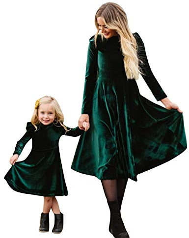 IMEKIS Mutter Tochter Weihnachtskleid Damen M?dchen Langarm Samt Herbst Winter Partykleid mit Taschen Eltern Kind Partnerlook Familie Passende Outfit
