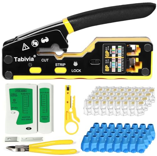 Tabivia Kit de herramientas de crimpado RJ45 todo en uno, kit de herramientas de crimpado Ethernet, herramienta de crimpado de paso RJ45 para Cat6 Cat5e Cat6a con probador de cables de red, 50