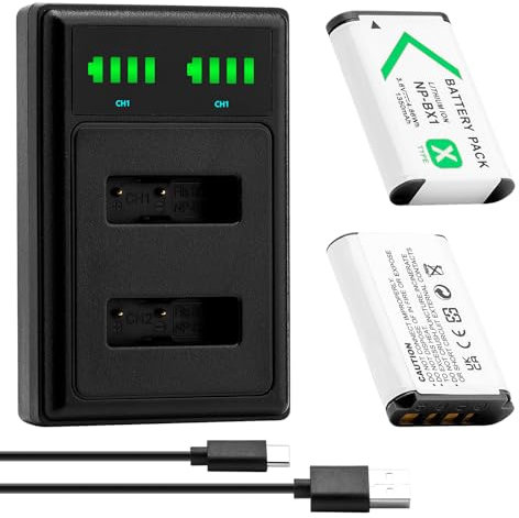 SEYRLMK NP-BX1 Lot de 2 batteries 1300 mAh et chargeur LCD Convient pour Sony NP-BX1 et Sony ZV-1, Cyber-Shot DSC-RX100, DSC-RX100 II/III/M4/M5/M6/M7/Inch///VA, DSC-RX100M II, HDR-CX405 Couleur : noir