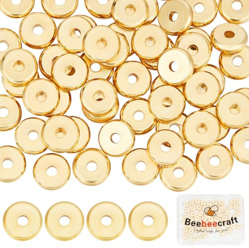 Beebeecraft 1 Box 100 Stück 6 mm Flache Runde Abstandsperlen 18 Karat Vergoldet Golden Glatt Rund Großes Loch Scheibe Lose Kugelperlen Für Die Schmuckherstellung Armbänder Halskette Loch 1.8 mm