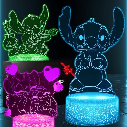 Thcohee 3 in 1 ,Stitch-Lampe, Stitch-Nachtlicht- Lilo und Stitch 3D LEDmit Fernbedienung und intelligentem Berührungssensor 16 Farben,3D LED Stitch-Nachtlicht für Geburtstagsgeschenke