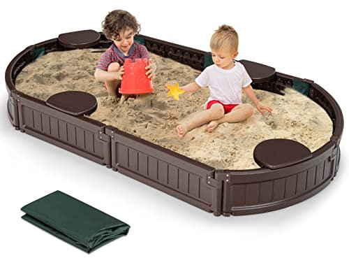 COSTWAY Arenero Infantil Elíptico 183 cm, Arenero con Cobertura Impermeable, Cobertura Inferior y Asientos Incorporados en los Ángulos, para 4 Niños, Kit Arenero de Exterior para Patio (elípticio)