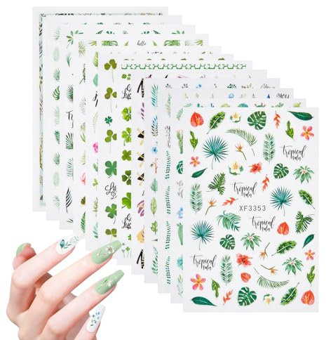 NICENEEDED Blätter-Nagelaufkleber, Sommeraufkleber Für Die Nageldekoration, 3D Selbstklebende Aufkleber Mit Grünen Pflanzen, Tropischen Palmblättern Und Blumen