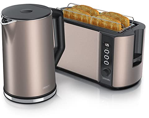 arendo Ensembles Bouilloire et Grille-Pain en Set Bouilloire en INOX 1,5L 40°-100°C, Grille-Pain 4 Tranches Ecran LED 6 Niveaux de brunissage Support viennoiserie Grille Pain, Bronze