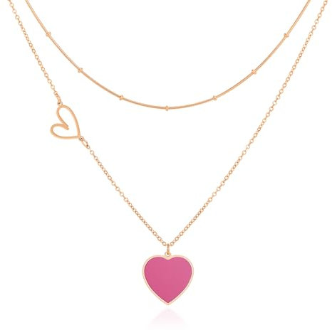 Linawe Hot Pink Heart Pendant Layered Necklaces for Women Trendy, Rose Gold Stainless Steel Choker Layering Necklace Set, Preppy Cute Y2K Jewelry, Gift Valentines Day Anniversary, XL009-FUS-ROS-UK