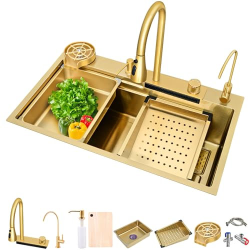Fregadero dorado con grifos extraíbles y cascada, fregadero de cocina con verduras y lavavajillas con limpiador de tazas, juego completo de accesorios (75 x 45 x 22 cm, dorado)