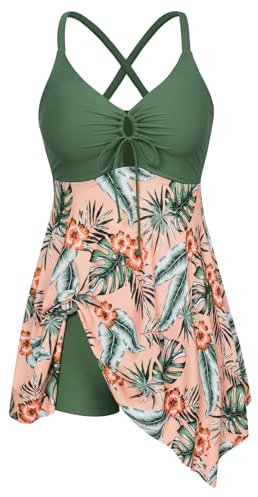 Hanna Nikole Maillot de bain femme grande taille Sexe avant Trou de serrure ventre plat une pièce Robe de bain avec pantalon Maillots de bain Maillots de bain pour femmes, Fleurs roses et vert olive,