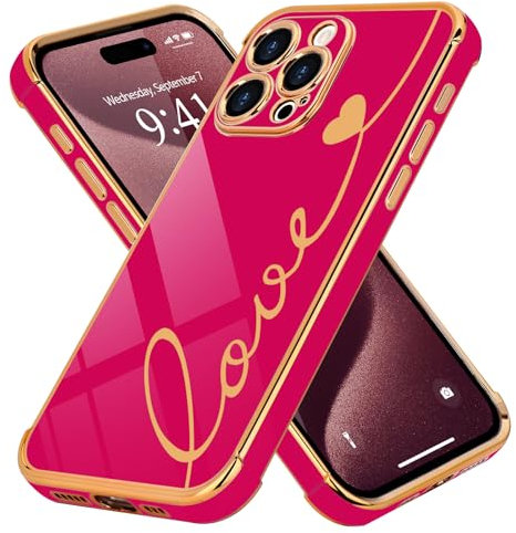 LCHULLE Compatible with iPhone 15 Pro Max Case for Women Girls,Cute Luxury Plating Love Heart Design Soft TPU Cover Shockproof Full Camera Lens Protection Phone Case for iPhone 15 Pro Max,Hot Pink