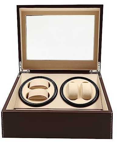 Tagtuell Caricatore automatico per orologi, in pelle, custodia per gioielli, scatola di lusso per 4 orologi automatici + 6 griglie, motore silenzioso, marrone
